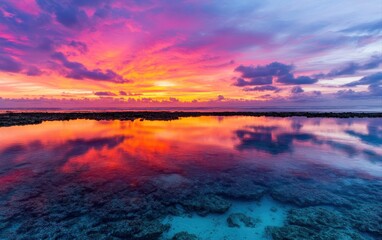 Poster - Vibrant Sunset Over Calm Waters With Reflection of Colors on Rocky Shoreline in Paradise