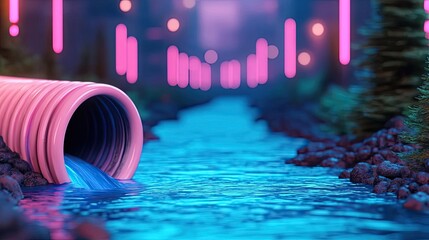 Poster - Climate Change drought concept. A vibrant scene featuring a neon-colored pipe discharging water into a stream.