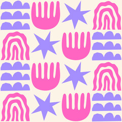 Aufkleber - Cute geometric seamless pattern with hand drawn shapes on a beige background. Simple groovy modern design. Purple and pink colors. Vector illustration