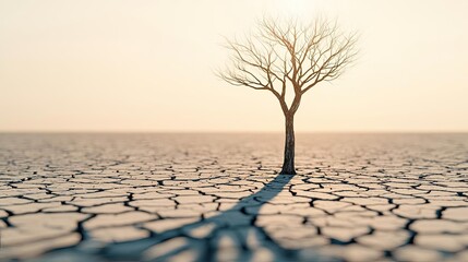 Poster - Climate change drought idea. A solitary tree stands on cracked earth, symbolizing drought and climate change issues.