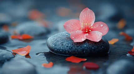 Aufkleber - Delicate pink flower resting on a smooth black stone surrounded by vibrant petals in a serene water setting