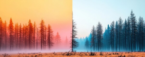 Poster - Climate Change drought concept. A serene forest scene split between warm and cool color tones at dawn.