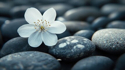 Aufkleber - Delicate pink flower resting on a smooth black stone surrounded by vibrant petals in a serene water setting