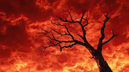 Poster - Climate change drought idea. A solitary, withered tree silhouetted against a dramatic, fiery sky.