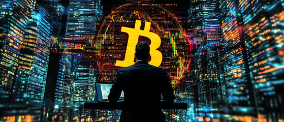 Poster - Cryptocurrency trading action modern city digital artwork nighttime perspective financial growth insights
