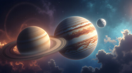 Wall Mural - Stunning Space Scene Ringed Planets Saturn Jupiter Moon Nebulae Clouds Digital Art Illustration Cosmic Universe Celestial Wallpaper Background Epic and Beautiful