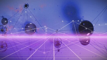 Poster - Animation of digital spheres connected by lines glowing purple over grid background