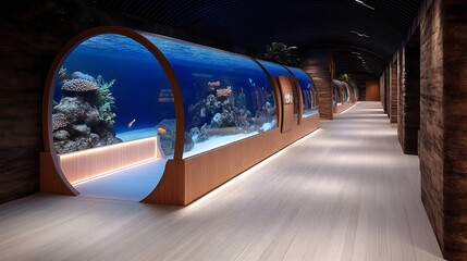 Fototapete - Modern, aquarium, the deep blue light and shadow flow gently between the curved glass curtain walls.