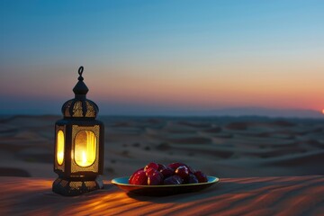 Aufkleber - Lantern casts warm light beside plate of dates at sunset in a desert landscape during evening gathering