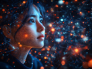 Poster - Stunning portrait of a woman, her face subtly overlaid with a glowing network of nodes and connections, evokes themes of digital identity, connectivity, and the future of technology.