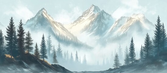 Wall Mural - Misty mountain landscape with soft blue and gray tones featuring tall fir trees in foreground and distant peaks creating serene atmosphere