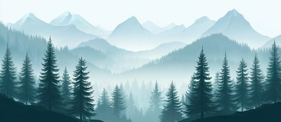 Wall Mural - Serene misty mountain landscape with layered teal peaks and dark fir trees in foreground, soft fog creating tranquil atmosphere and copyspace.
