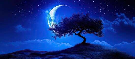 Wall Mural - Silhouetted tree on a hill under a large crescent moon in a blue night sky with twinkling stars creating a tranquil and dreamy atmosphere