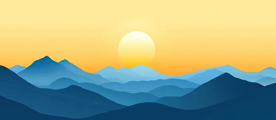 Wall Mural - Serene landscape with layered mountains in shades of blue and teal against a golden sunrise, creating a tranquil and picturesque horizon.