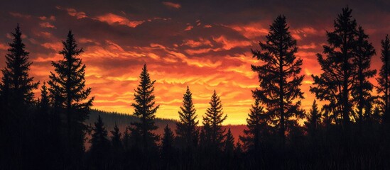 Wall Mural - Vibrant orange sunset blends with deep silhouettes of evergreen trees creating a stunning contrast in the twilight sky over a tranquil landscape