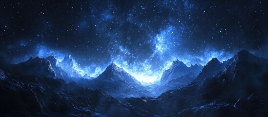 Wall Mural - Majestic night sky over rugged mountain peaks illuminated by brilliant blue and white stars creating a captivating panorama of the Milky Way