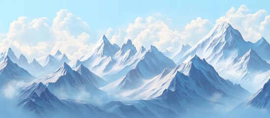 Wall Mural - Majestic Himalayan mountains draped in pristine snow with soft blue skies and fluffy white clouds creating a serene, breathtaking winter landscape.