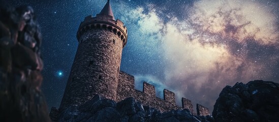 Wall Mural - Nighttime view of a stone castle tower under a starry sky with the Milky Way visible, featuring dark rocks in the foreground and a vibrant galaxy backdrop.