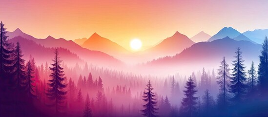 Wall Mural - Vibrant sunrise over silhouettes of mountains with colorful fog in shades of pink, orange, and purple creating a serene landscape atmosphere.