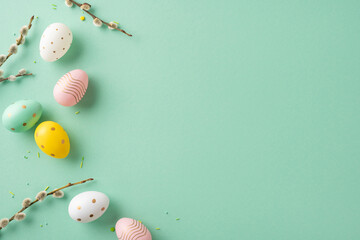 Wall Mural - delightful flat lay featuring decorative easter eggs and branches against a green backdrop, perfect 
