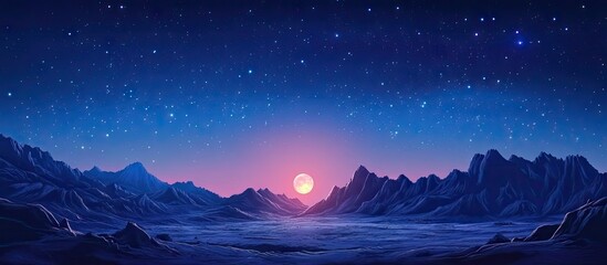 Wall Mural - Majestic sunrise over mountains with a vibrant sky transitioning from blue to deep purple sprinkled with stars depicting the Milky Way galaxy.