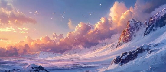 Wall Mural - Dramatic sunset over snowy mountains with vibrant pink and purple clouds contrasting against a white snow-covered landscape in panorama view