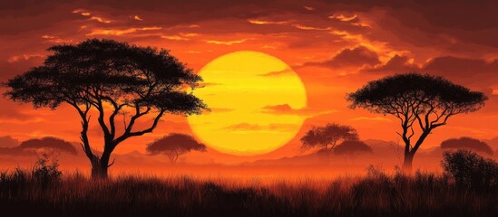 Wall Mural - Vibrant orange sunset with silhouetted dark trees creates a stunning nature scene at dusk highlighting the beauty of the horizon and landscape.