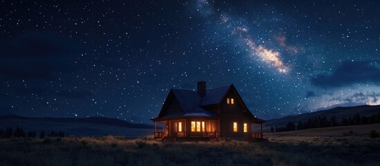 Wall Mural - Starry night sky with Milky Way above a cozy house illuminated by warm light nestled in a serene landscape under deep blue tones.