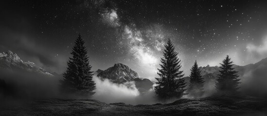 Wall Mural - Black and white night landscape featuring a solitary tree in the foreground with misty mountains and a starry sky in the background.