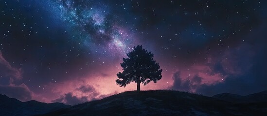 Wall Mural - Silhouetted tree on a hill against a vibrant purple and blue night sky filled with stars and a bright milky way, creating a serene atmosphere.