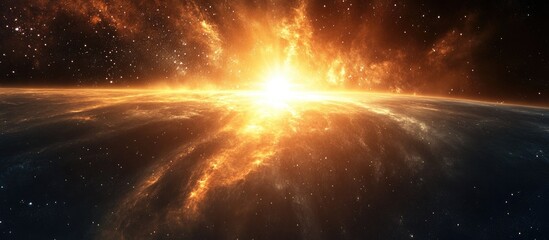Wall Mural - Vibrant orange and golden hues radiate from a cosmic sunrise over a dark starry sky in a breathtaking long exposure celestial landscape.