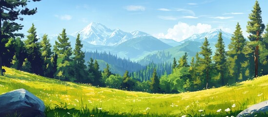 Wall Mural - Vibrant summer landscape featuring lush green pastures and dense forests under a clear blue sky with distant snow-capped mountains in the background