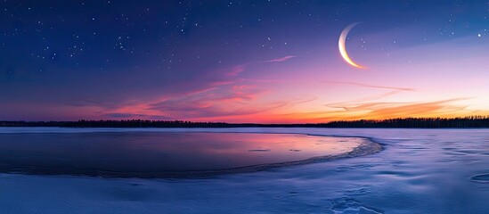 Wall Mural - Serene twilight sky featuring a crescent moon and planet Venus above a frozen lake with reflective icy waters and soft clouds illuminated by stars