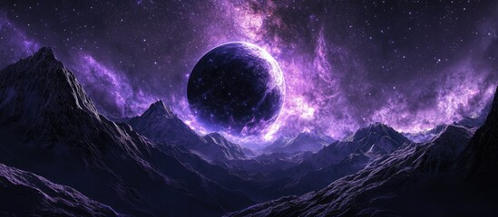 Cosmic landscape featuring a large dark planet against a purple and black starry sky with snow-capped mountains in the foreground.