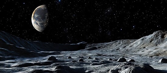 Wall Mural - Lunar landscape with dark rocky terrain in foreground, glowing Earth visible on the horizon, starry night sky creating a cosmic backdrop.