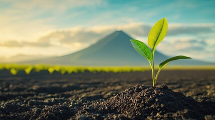 Aufkleber - Climate Change drought concept. A young green seedling grows in textured soil against a majestic mountain backdrop.