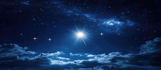 Wall Mural - Starry Night Sky with Bright Celestial Bodies and Soft Clouds in Deep Blue Background, Illuminating Constellations in Breathtaking View