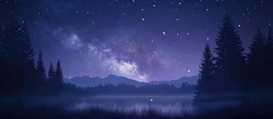 Wall Mural - Serene night sky featuring a vibrant Milky Way and twinkling stars over a tranquil lake, framed by silhouetted pine trees and distant mountains.