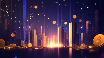 Poster - Cityscape, glowing, money, falling, night scene, stock photo