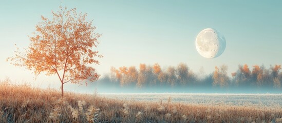 Wall Mural - Serene night landscape with a large luminous moon positioned right, a solitary tree in warm orange hues on the left against a soft blue sky.