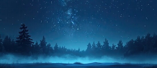Wall Mural - Starry night sky over a misty landscape with dark silhouettes of pine trees against a deep blue backdrop and the Milky Way glowing above.