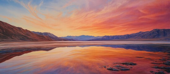 Wall Mural - Serene sunset landscape reflecting vibrant orange, pink and purple hues over calm water, framed by distant mountains and clear skies.