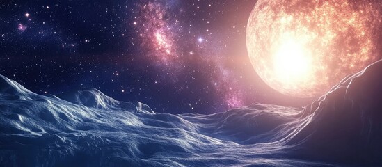 Wall Mural - Majestic view of the Milky Way galaxy illuminated by a bright star, featuring swirling cosmic dust in deep space with vibrant purple and blue tones.