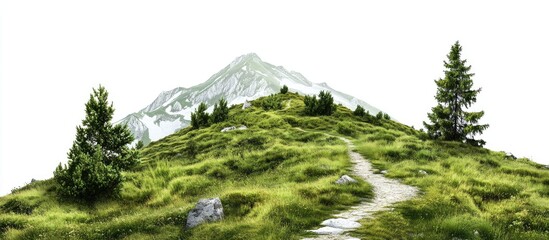 Wall Mural - Mountain path winding through lush green grass with trees on the left and a distant peak under bright white background highlighting the scene.
