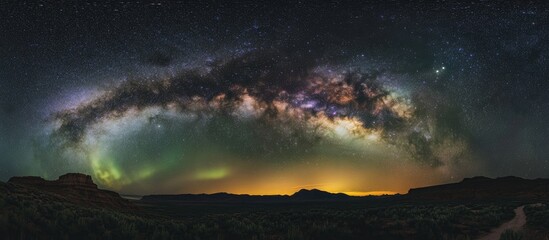 Wall Mural - Majestic view of the Milky Way spiral galaxy with vibrant aurora borealis under a starry sky, illuminating dark mountain silhouettes.