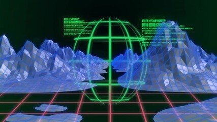 Poster - Futuristic digital landscape with grid patterns and glowing green sphere animation