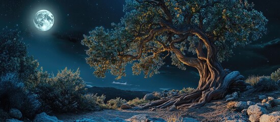Wall Mural - Majestic gnarled tree illuminated by bright moonlight with a deep blue night sky and rocky landscape in serene mystical setting