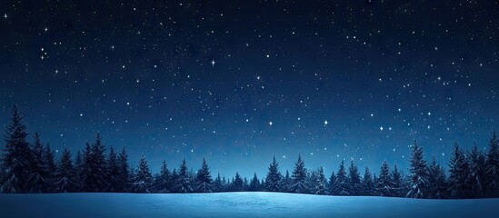 Wall Mural - Panoramic view of a starry night sky with a deep blue hue and subtle grain texture featuring a snowy foreground and silhouetted evergreen trees