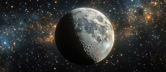 Wall Mural - Crescent moon illuminated against a starry night sky with shades of blue and black, featuring detailed lunar surface textures and distant stars.