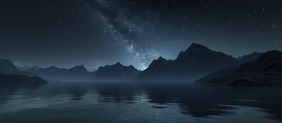 Wall Mural - Majestic mountains silhouetted against a starry night sky with the Milky Way arching overhead, reflections shimmering in calm water below.